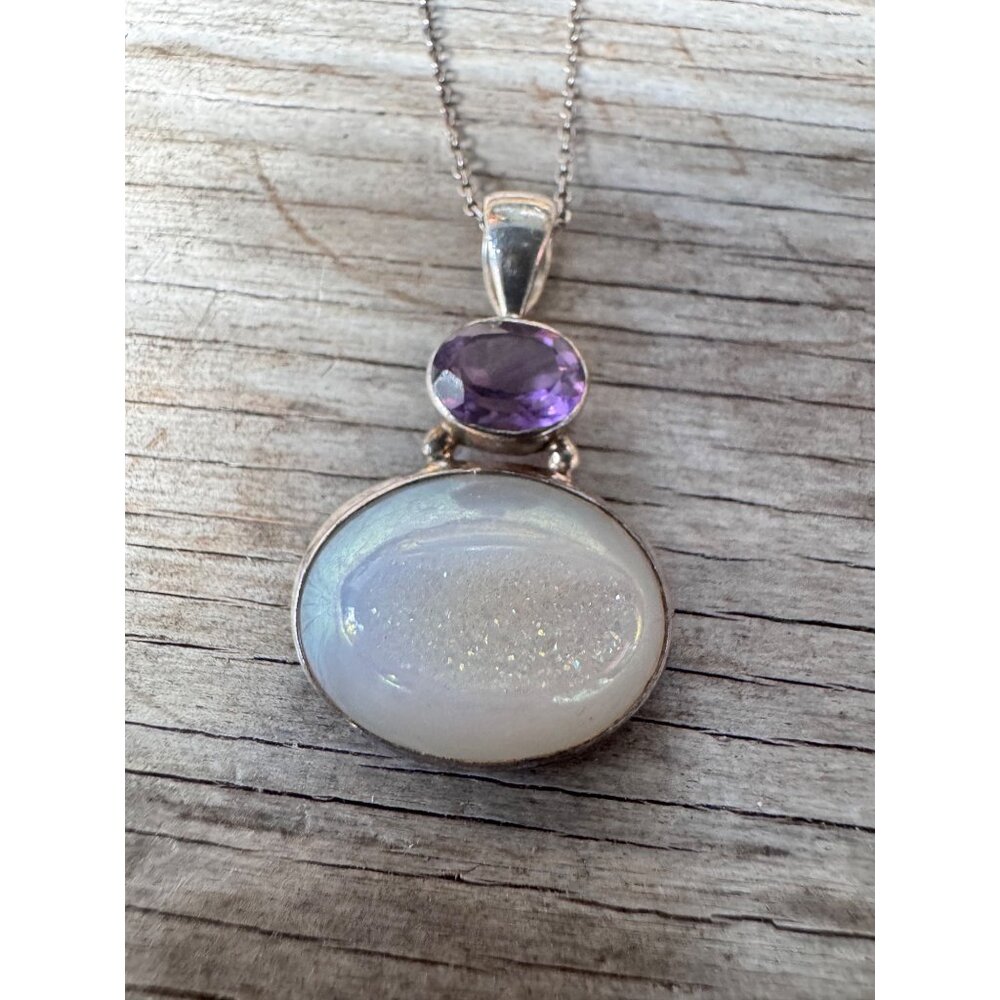 Sterling Silver Pendant Necklace With Amethyst & Druzy Quartz Stones 2.91g